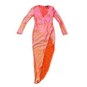 AKIRA - Sequin Long Sleeve Dress with Leg Slit in Neon Orange - Women’s Size S